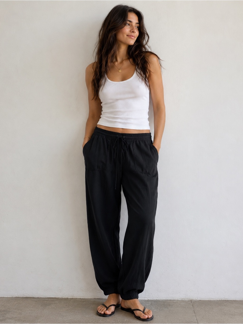 Love Tree Women’s M Black Tie String Elastic Ankle Casual Soft Pants 100% Tencel